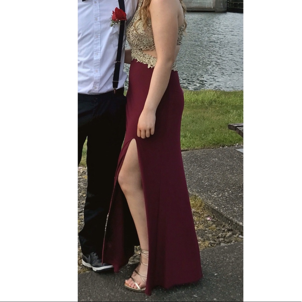 Maroon Gold Prom Dress